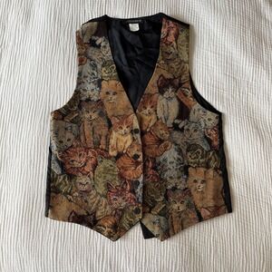 Vintage Women's Tapestry Vest Cats Whimsical Grannycore (M/L) 90s Phoebe Grunge